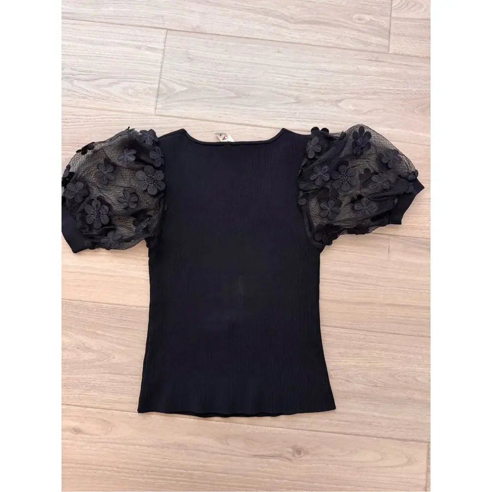 dolan Black V-Neck Puff Sleeve Knit Top with Floral Lace - Picture 2 of 6